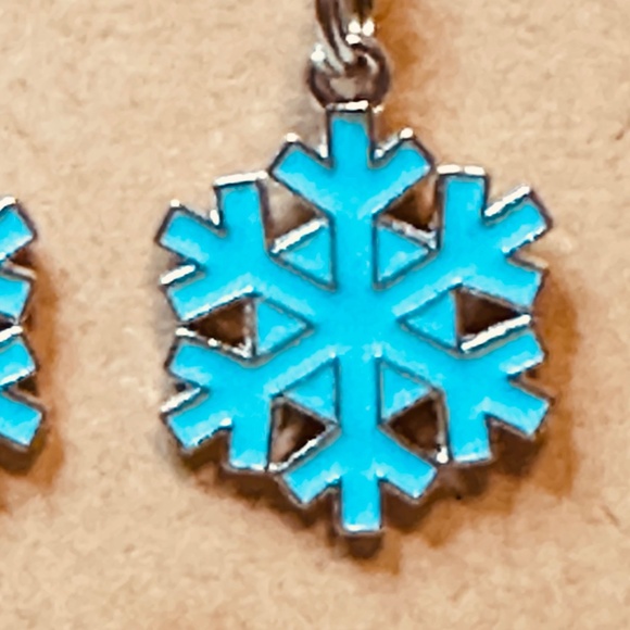 Stainless Steel Earring Hooks Dangle Aqua Blue Silver Snowflake Enamel Handmade - Picture 3 of 7